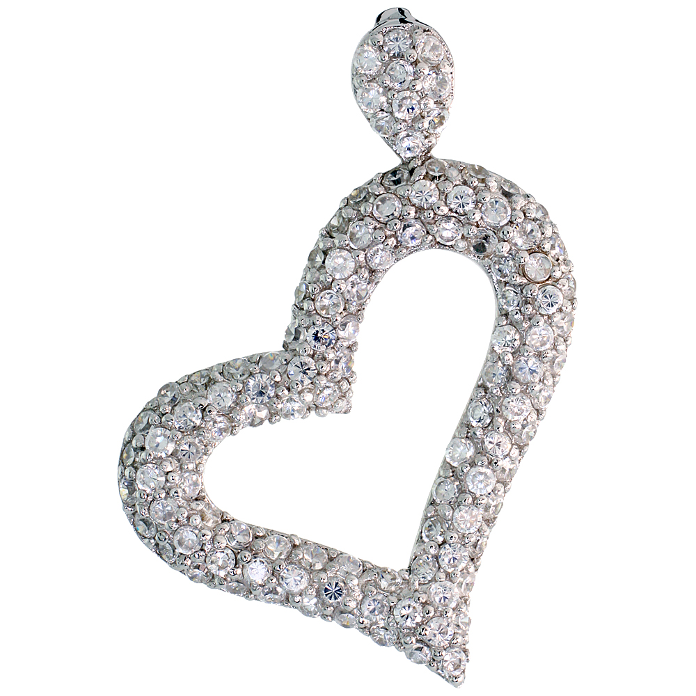 STERLING SILVER FANCY HEART PENDANT W/ PAVE CZ STONES, 1 9/16" (40 MM) TALL