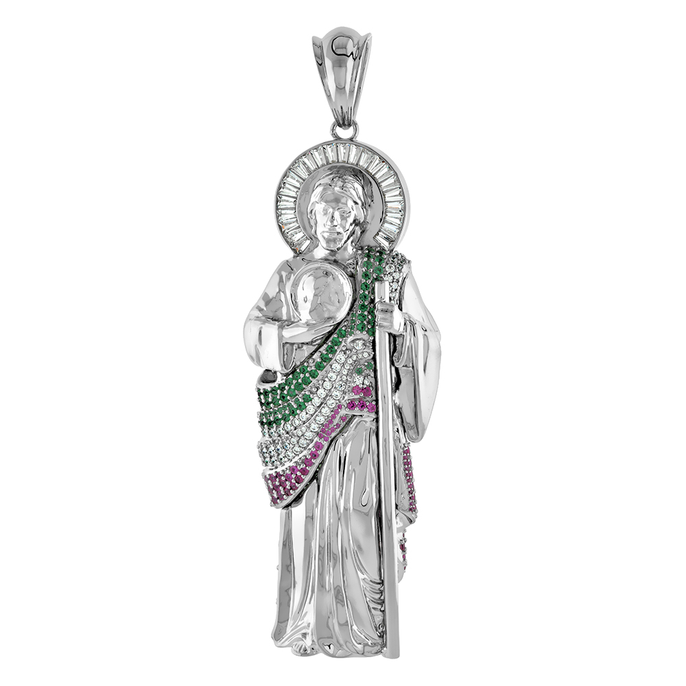 4 INCH LARGE STERLING SILVER GREEN WHITE RED CUBIC ZIRCONIA ST JUDE PENDANT FOR MEN 3-D RHODIUM FINISH