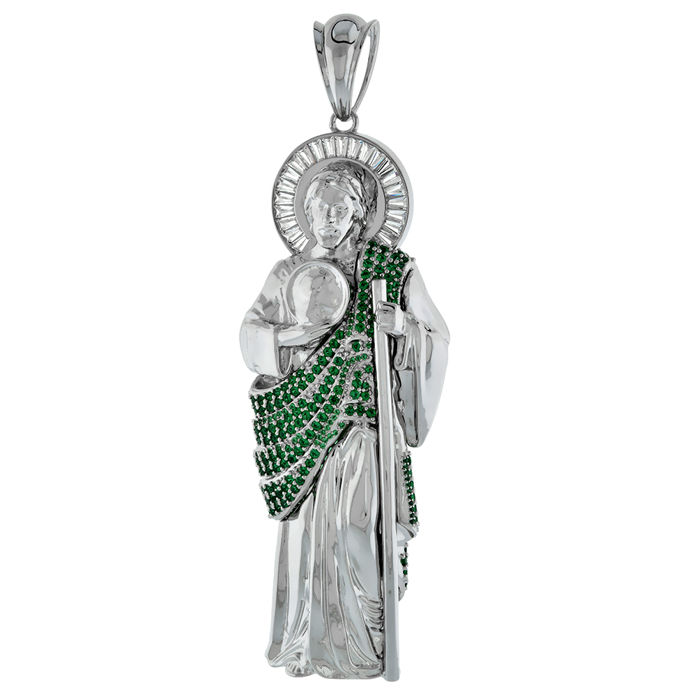 4 INCH LARGE STERLING SILVER GREEN & WHITE CUBIC ZIRCONIA ST JUDE PENDANT FOR MEN 3-D RHODIUM FINISH