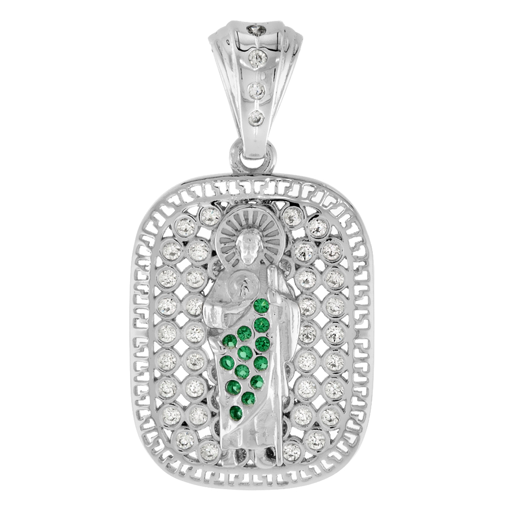 3/4 INCH STERLING SILVER GREEN & WHITE CZ ST JUDE PENDANT FOR MEN RECTANGULAR ROUND CORNER RHODIUM FINISH