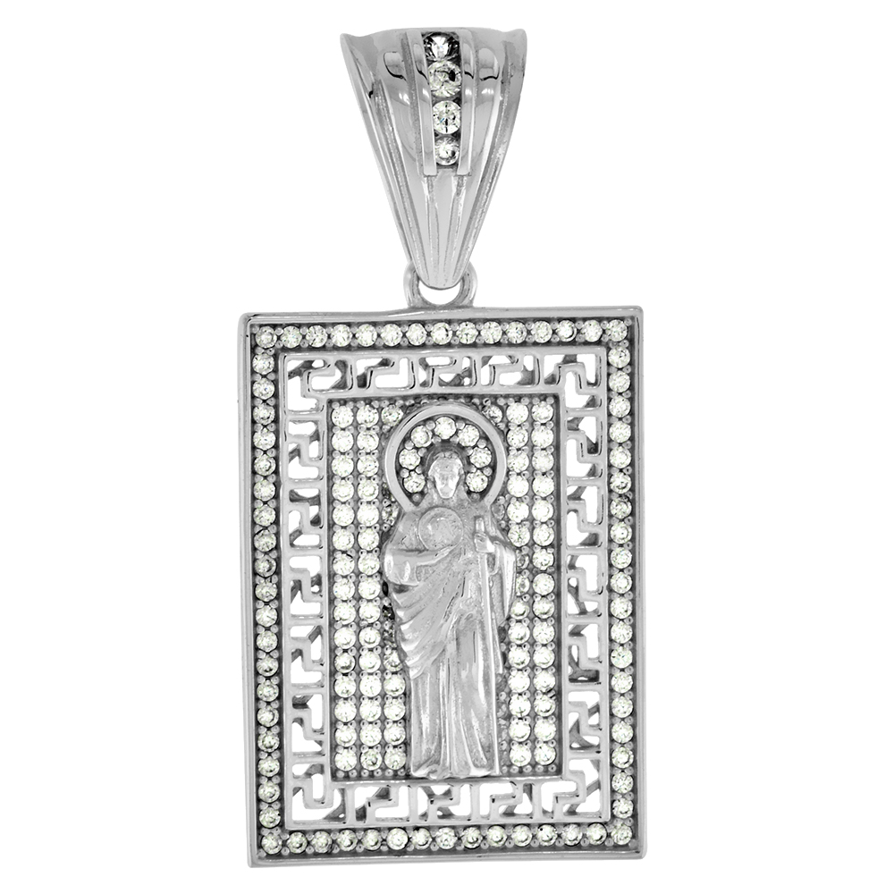 1 INCH STERLING SILVER MICROPAVE CZ ST JUDE PENDANT FOR MEN GREEK KEY CUT-OUT RECTANGULAR RHODIUM FINISH