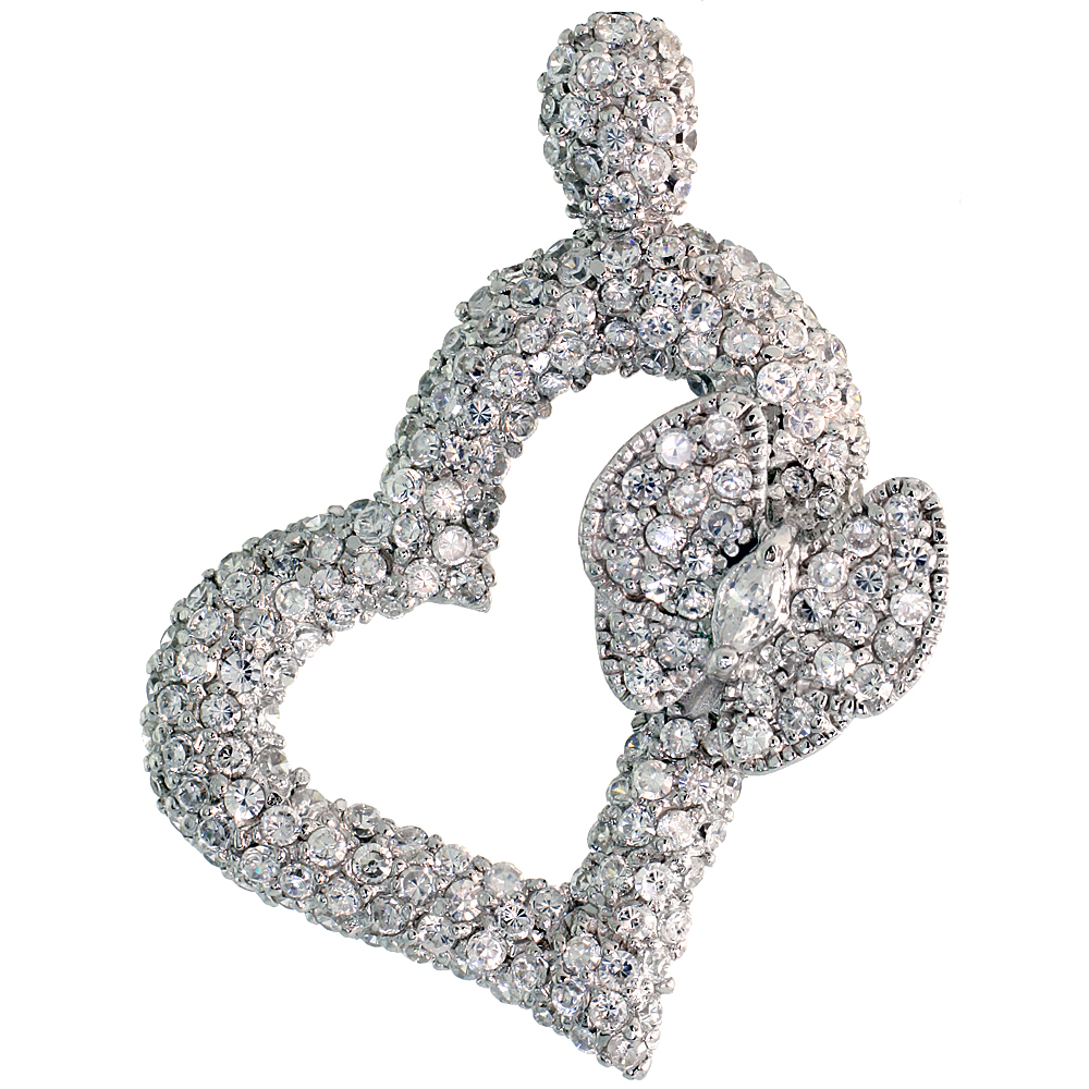 STERLING SILVER HEART & BUTTERFLY PENDANT W/ PAVE CZ STONES, 1 9/16" (40 MM) TALL