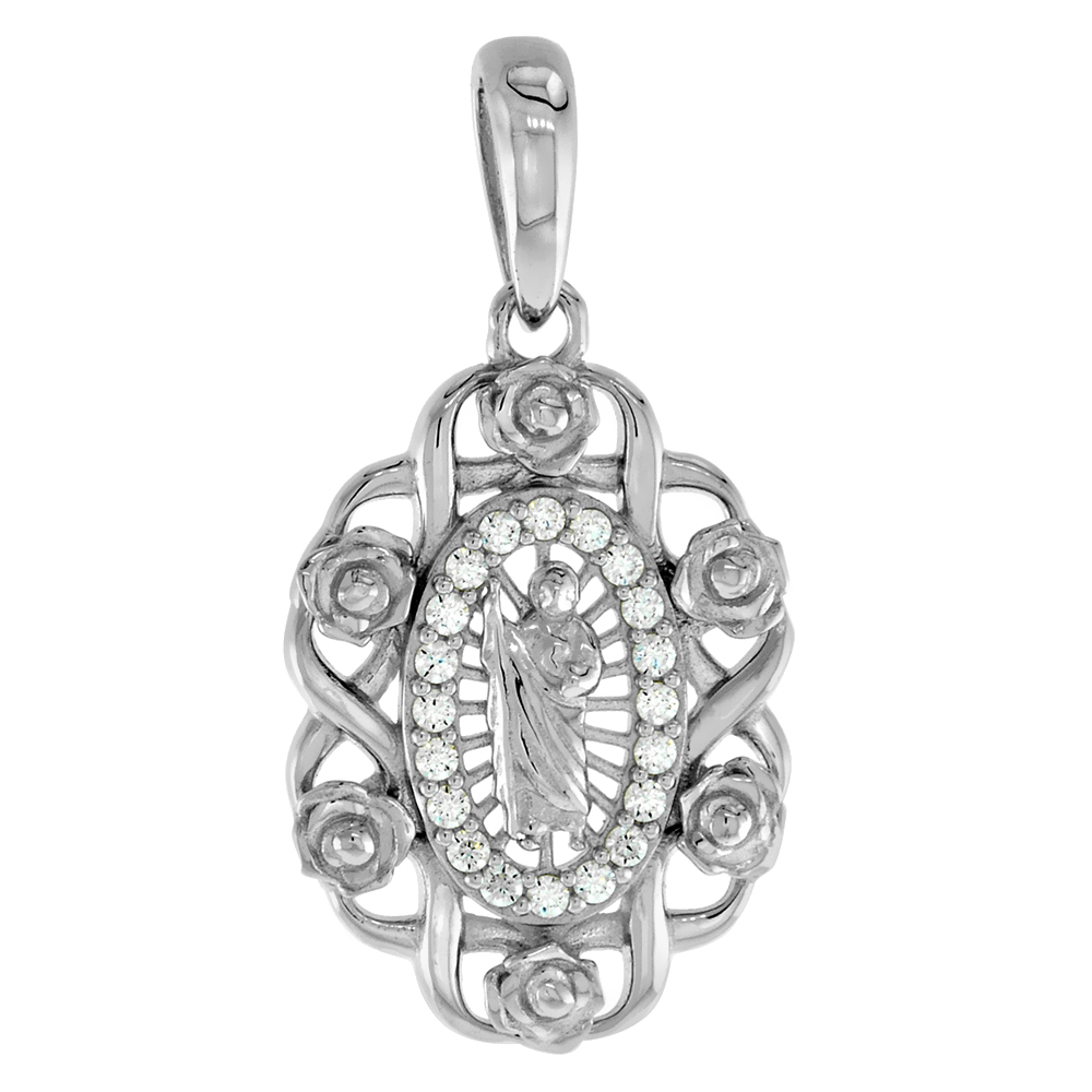 3/4 INCH STERLING SILVER MICROPAVE CZ OVAL ROSES BORDER ST JUDE THADDEUS PENDANT FOR WOMEN RHODIUM FINISH