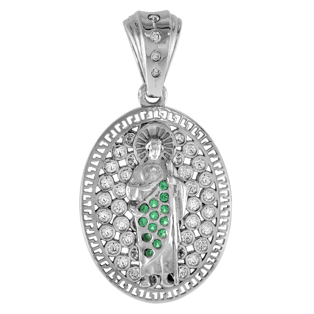 3/4 INCH STERLING SILVER GREEN & WHITE CZ OVAL ST JUDE THADDEUS PENDANT FOR WOMEN GREEK KEY BORDER RHODIUM FINISH