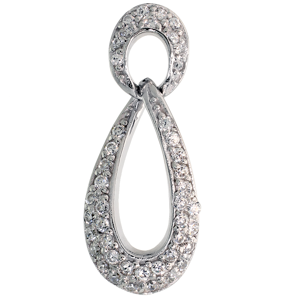 STERLING SILVER TEAR DROP PENDANT W/ PAVE CZ STONES, 1 1/4" (31 MM) TALL