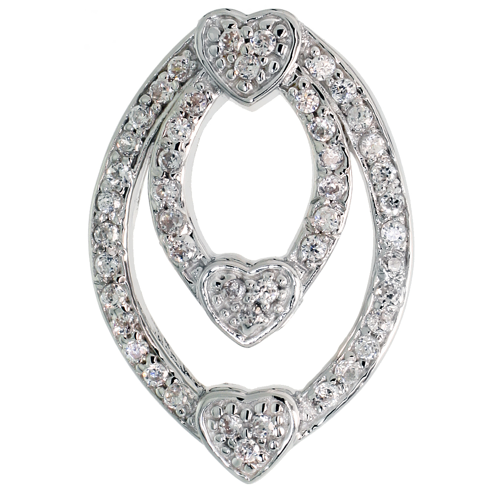 STERLING SILVER THREE HEART SLIDER PENDANT W/ PAVE CZ STONES, 7/8" (23 MM) TALL