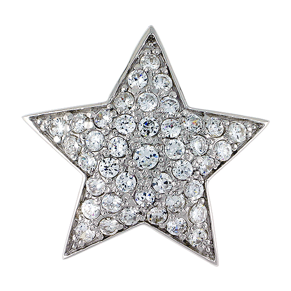 STERLING SILVER SOLID STAR PENDANT, W/ BRILLIANT CUT CZ STONES, 15/16" (24 MM) TALL, W/ 18" THIN SNAKE CHAIN