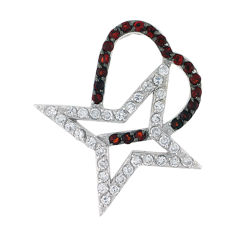 STERLING SILVER FREEFORM "HEART & STAR CUT OUTS" PENDANT, W/ BRILLIANT CUT CLEAR & RUBY-COLORED CZ STONES, 1 1/4" (31 MM) TALL, W/ 18" THIN SNAKE CHAIN