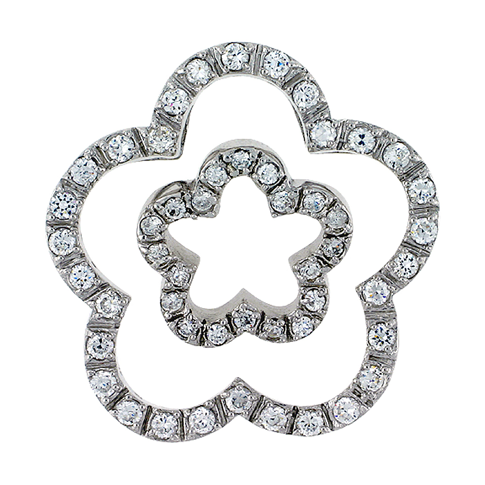 STERLING SILVER FLORAL CUT OUTS PENDANT, W/ BRILLIANT CUT CZ STONES, 1 3/16" (30 MM) TALL, W/ 18" THIN SNAKE CHAIN