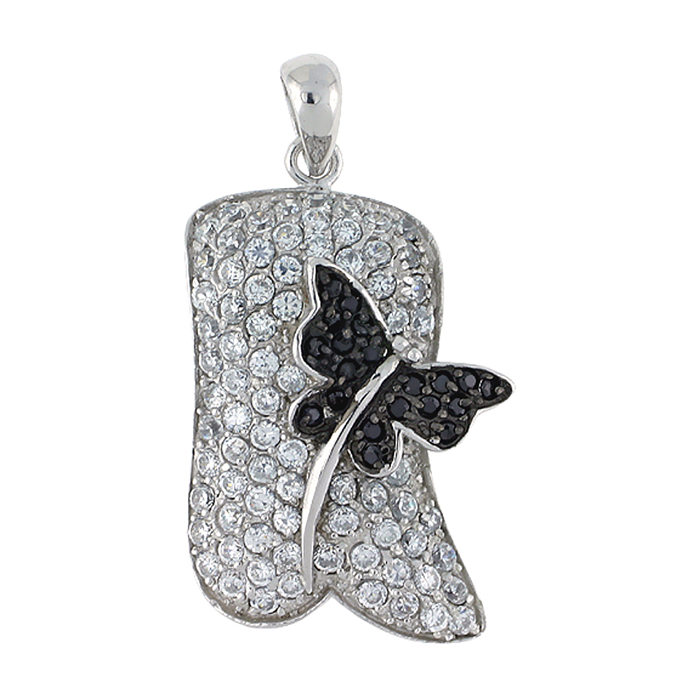 STERLING SILVER DRAGONFLY PENDANT, W/ BRILLIANT CUT CLEAR & BLACK CZ STONES, 1 1/4"" (31 MM) TALL, W/ 18" THIN SNAKE CHAIN