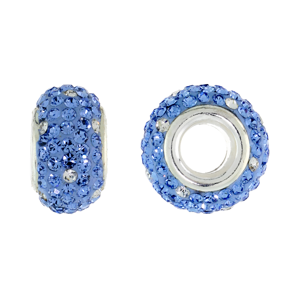 STERLING SILVER CRYSTAL CHARM BEAD WHITE & LIGHT SAPPHIRE COLOR CHARM BRACELET COMPATIBLE, 13 MM