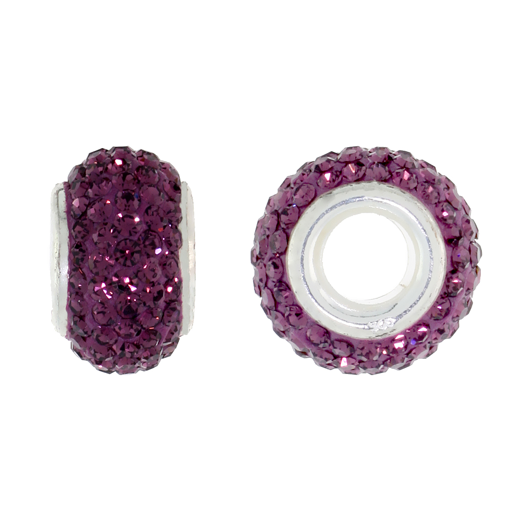 STERLING SILVER CRYSTAL CHARM BEAD FUCHSIA COLOR CHARM BRACELET COMPATIBLE, 13 MM