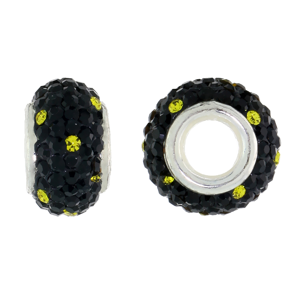 STERLING SILVER CRYSTAL CHARM BEAD BLACK & LIME COLOR CHARM BRACELET COMPATIBLE, 13 MM