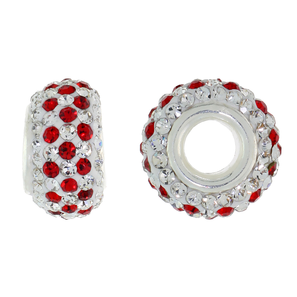 STERLING SILVER CRYSTAL CHARM BEAD WHITE & RED COLOR CHARM BRACELET COMPATIBLE, 13 MM