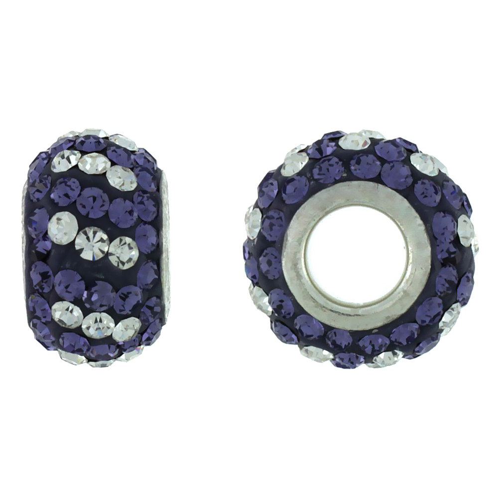 STERLING SILVER CRYSTAL CHARM BEAD WHITE & MONTANA COLOR CHARM BRACELET COMPATIBLE, 13 MM