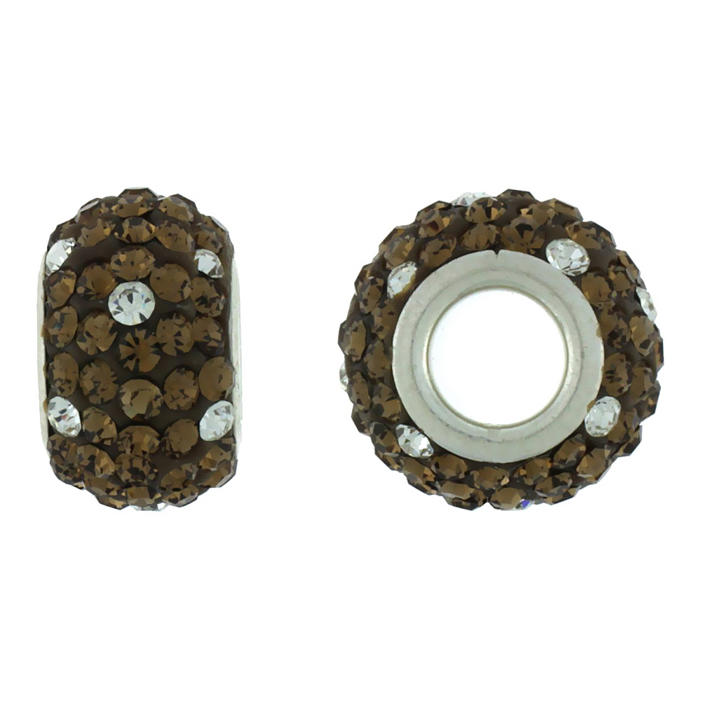 STERLING SILVER CRYSTAL CHARM BEAD SMOKED TOPAZ & WHITE COLOR CHARM BRACELET COMPATIBLE, 13 MM