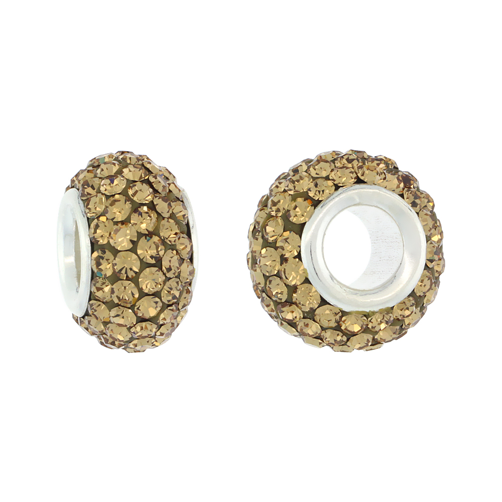 STERLING SILVER CRYSTAL CHARM BEAD CHAMPAGNE COLOR CHARM BRACELET COMPATIBLE, 13 MM