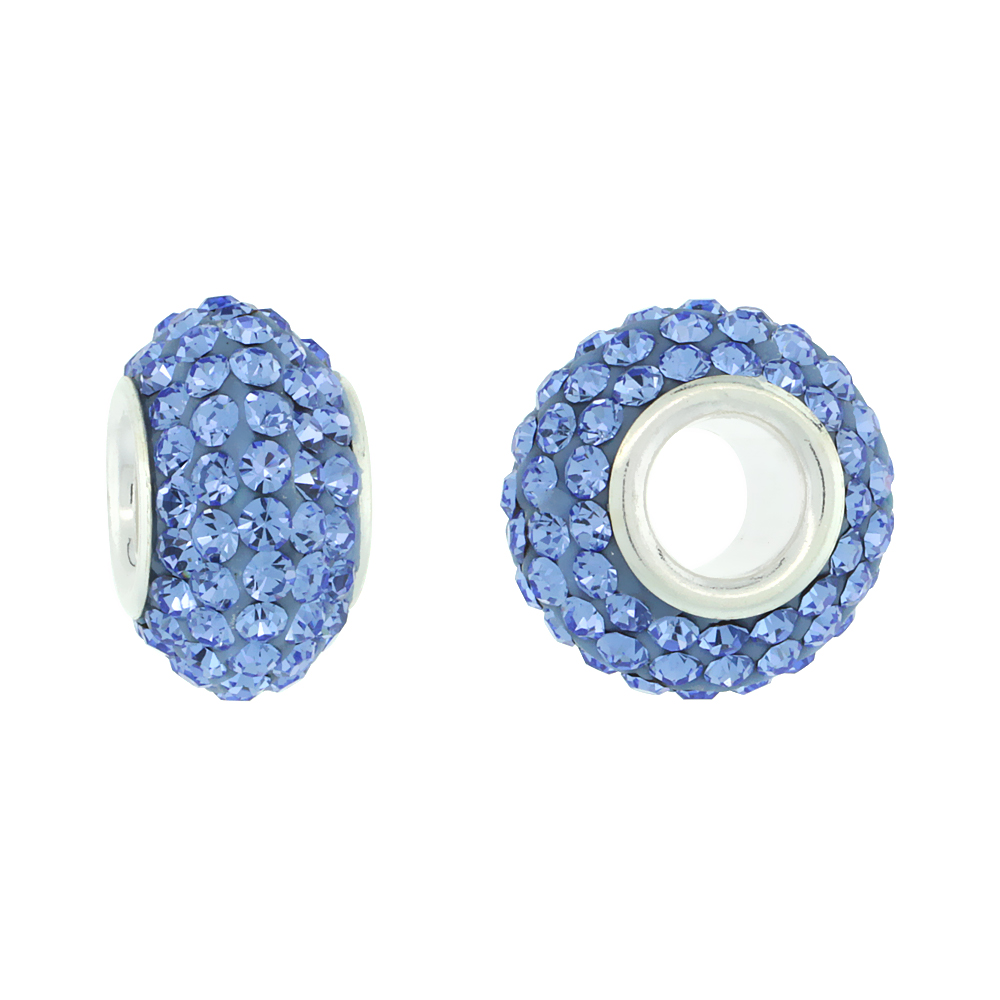 STERLING SILVER CRYSTAL CHARM BEAD LIGHT SAPPHIRE COLOR CHARM BRACELET COMPATIBLE, 13 MM