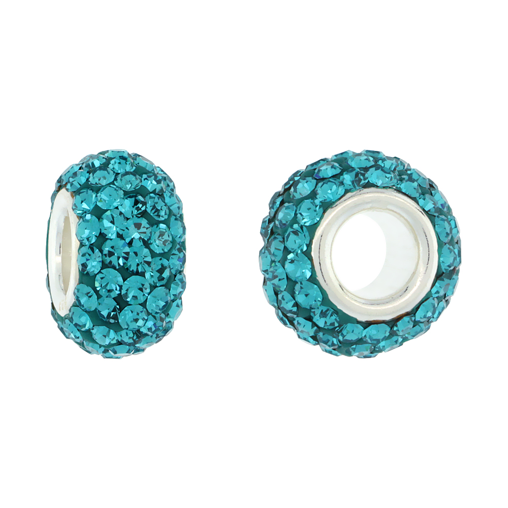 STERLING SILVER CRYSTAL CHARM BEAD FERN GREEN SATIN COLOR CHARM BRACELET COMPATIBLE, 13 MM