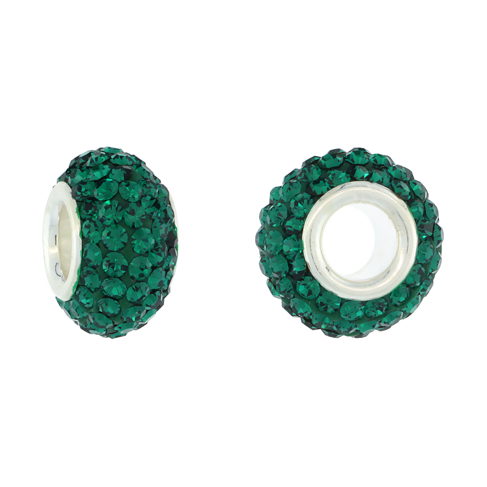 STERLING SILVER CRYSTAL CHARM BEAD EMERALD COLOR CHARM BRACELET COMPATIBLE, 13 MM