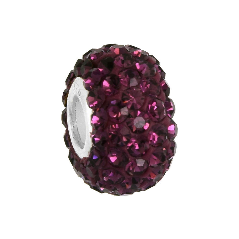 STERLING SILVER CRYSTAL CHARM BEAD AMETHYST COLOR CHARM BRACELET COMPATIBLE, 13 MM