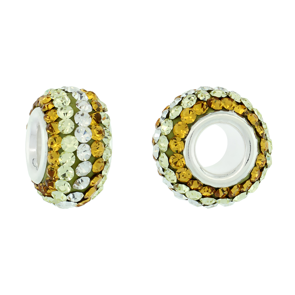 STERLING SILVER CRYSTAL CHARM BEAD LIME, CITRINE, WHITE COLOR CHARM BRACELET COMPATIBLE, 13 MM