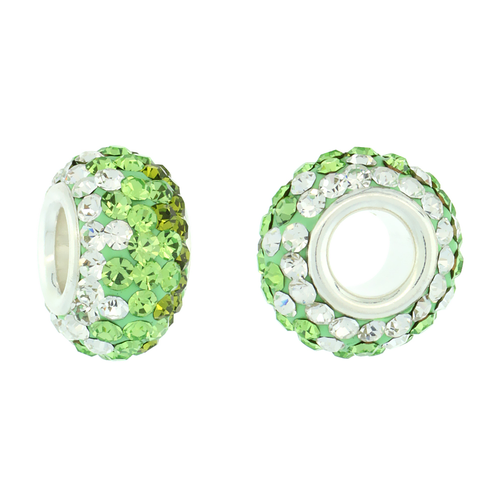 STERLING SILVER CRYSTAL CHARM BEAD WHITE, PERIDOT & OLIVINE CHARM BRACELET COMPATIBLE, 13 MM