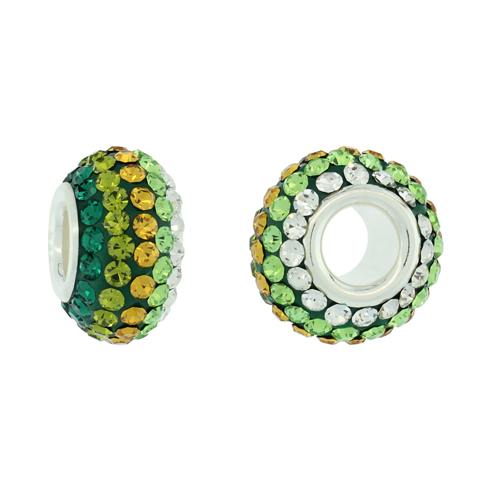 STERLING SILVER CRYSTAL CHARM BEAD EMERALD, OLIVINE, CITRINE, PERIDOT & WHITE LINED COLOR CHARM BRACELET COMPATIBLE, 13 MM
