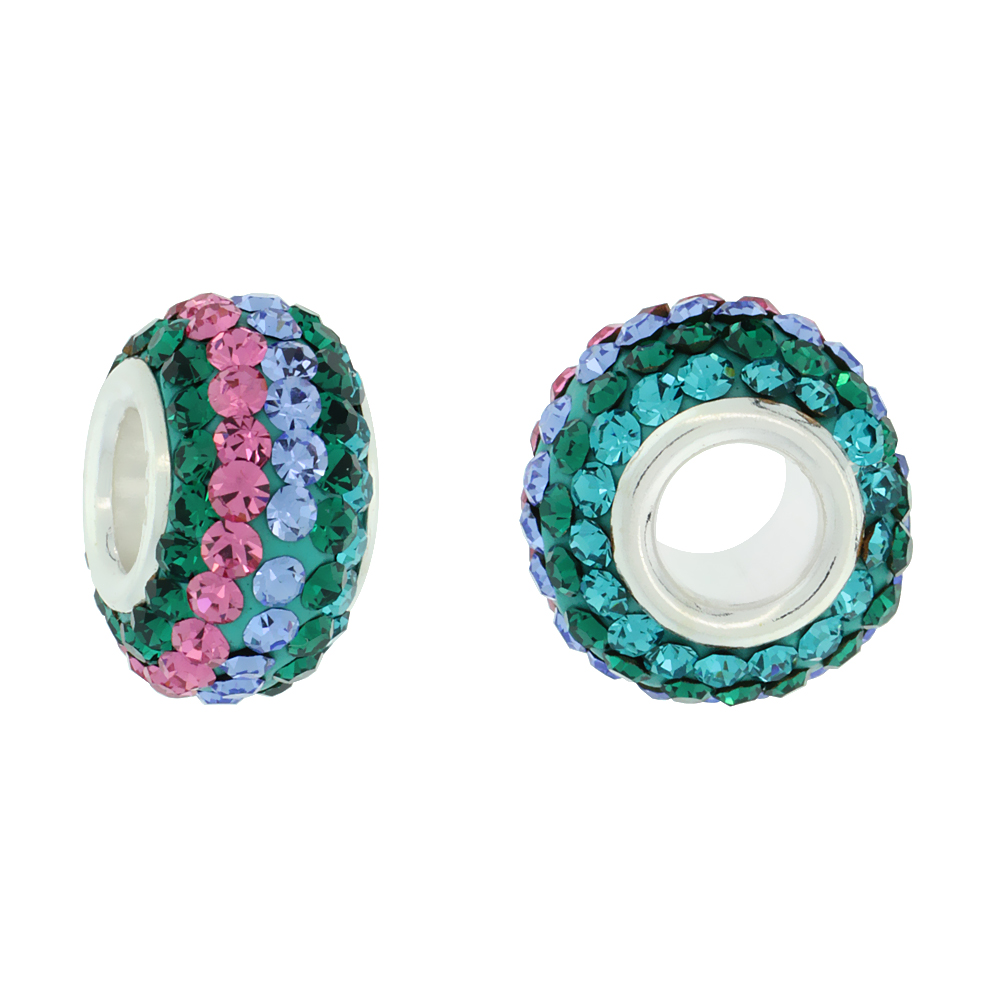STERLING SILVER CRYSTAL CHARM BEAD EMERALD, LIGHT SAPPHIRE & LIGHT PINK TOPAZ LINED COLOR CHARM BRACELET COMPATIBLE, 13 MM