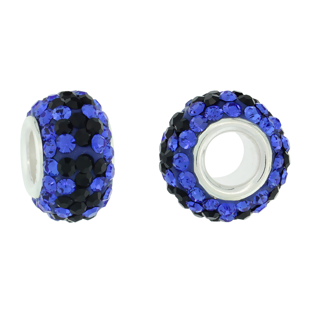 STERLING SILVER CRYSTAL CHARM BEAD COBALT, BLACK COLOR CHARM BRACELET COMPATIBLE, 13 MM