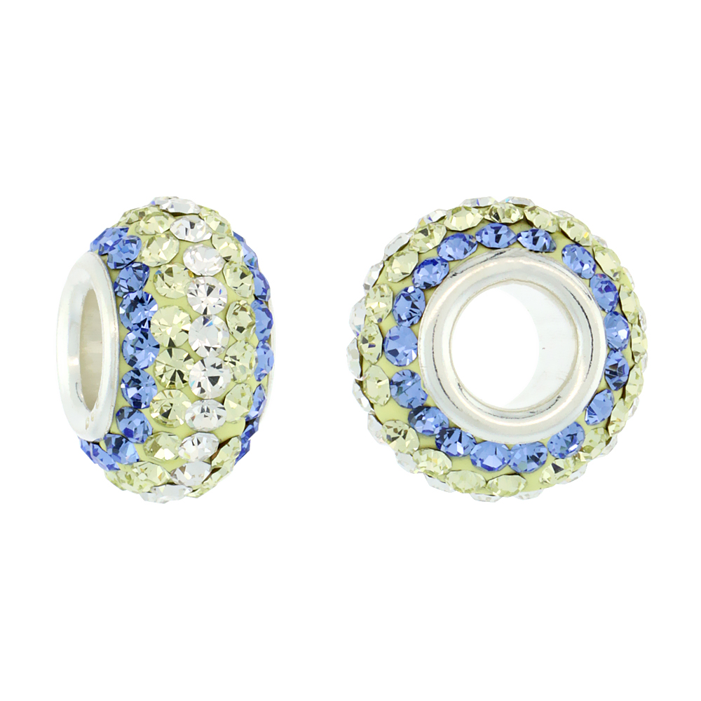 STERLING SILVER CRYSTAL CHARM BEAD LIGHT SAPPHIRE, LIME, WHITE COLOR CHARM BRACELET COMPATIBLE, 13 MM
