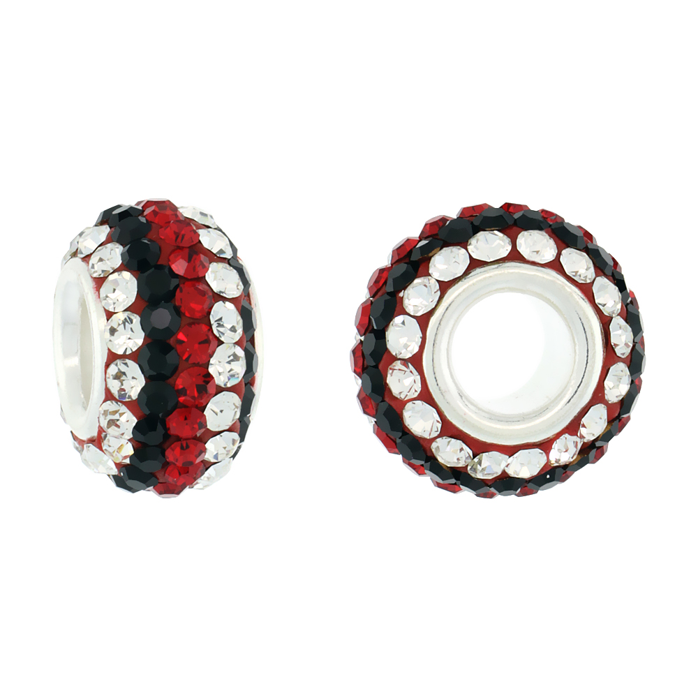 STERLING SILVER CRYSTAL CHARM BEAD WHITE, BLACK, RUBY COLOR CHARM BRACELET COMPATIBLE, 13 MM