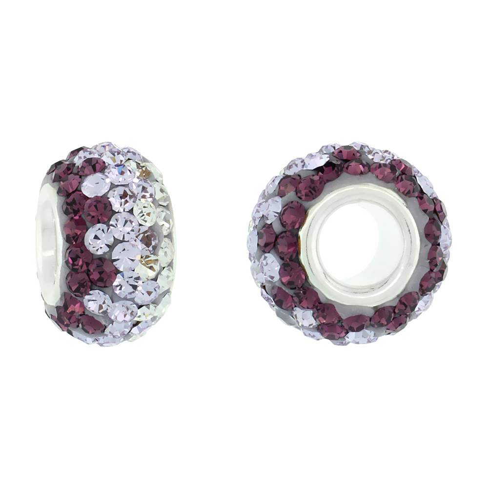 STERLING SILVER CRYSTAL CHARM BEAD FUCHSIA SATIN, LIGHT TANZANITE & WHITE COLOR CHARM BRACELET COMPATIBLE, 13 MM