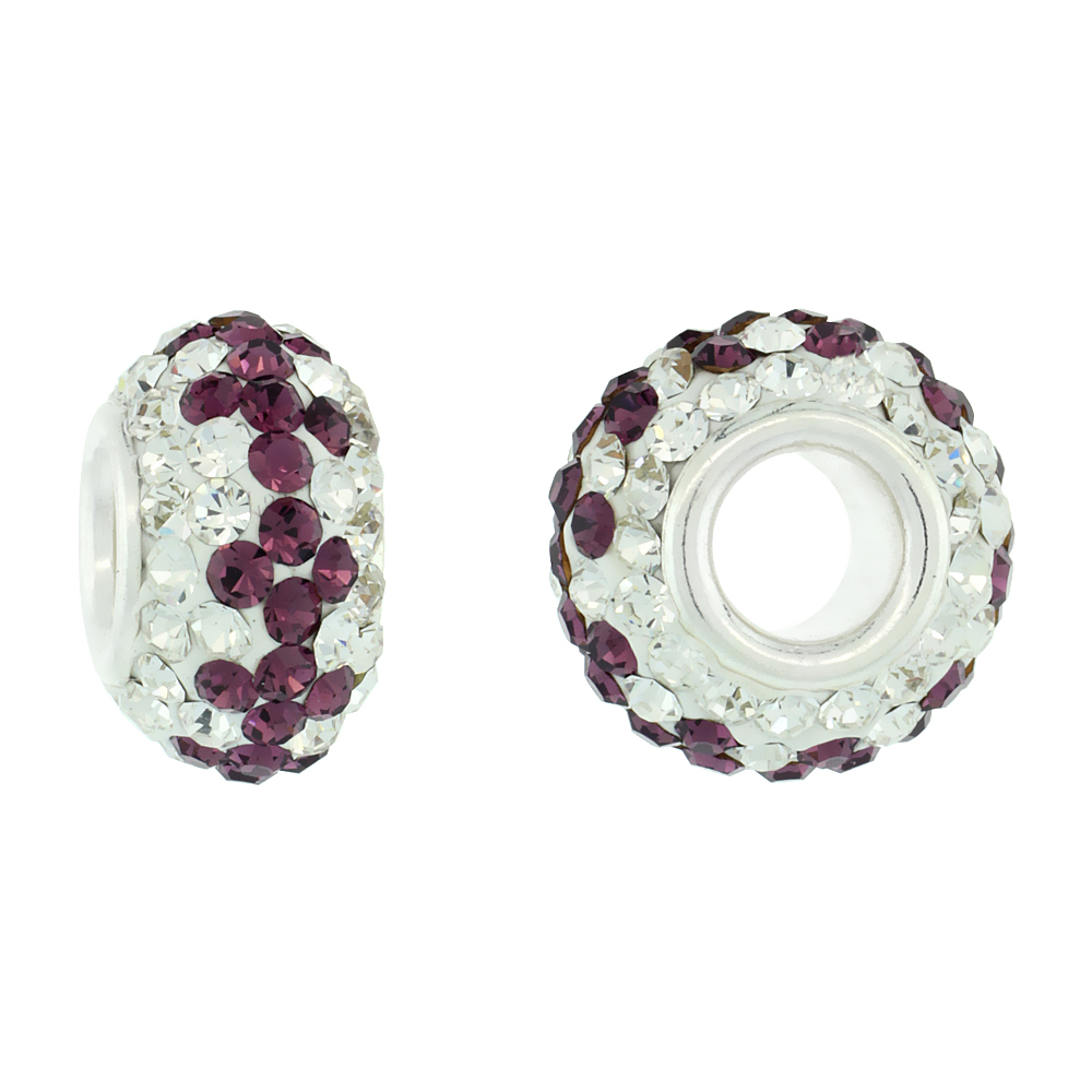 STERLING SILVER CRYSTAL CHARM BEAD WHITE, FUCHSIA SATIN COLOR CHARM BRACELET COMPATIBLE, 13 MM