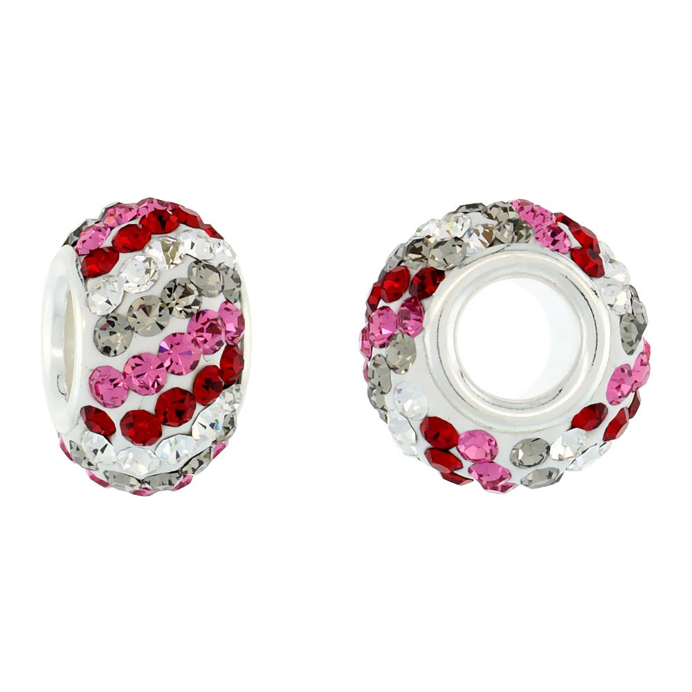 STERLING SILVER CRYSTAL CHARM BEAD WHITE, SMOKY QUARTZ, RUBY & PINK TOPAZ TWISTED COLOR CHARM BRACELET COMPATIBLE, 13 MM