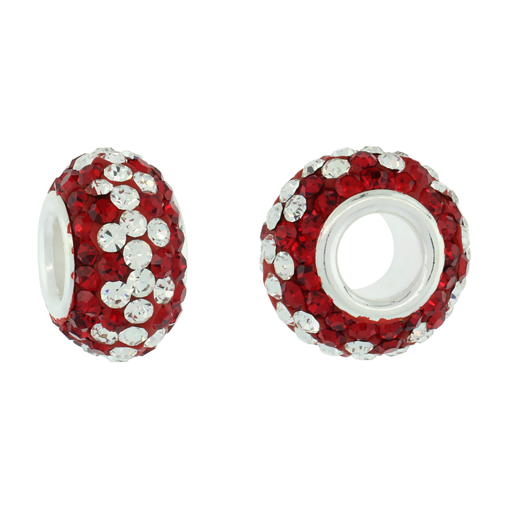 STERLING SILVER CRYSTAL CHARM BEAD RUBY, WHITE COLOR CHARM BRACELET COMPATIBLE, 13 MM
