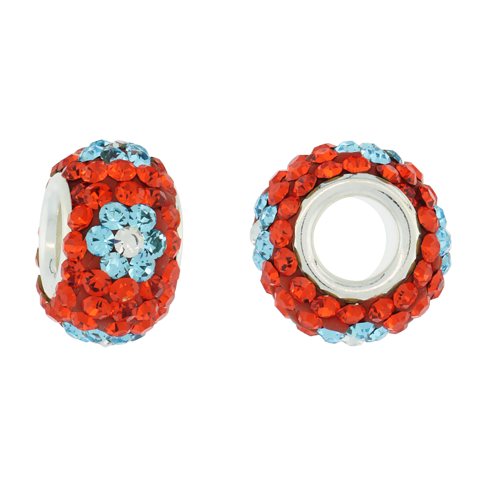 STERLING SILVER CRYSTAL CHARM BEAD HYACINTH ORANGE, TURQUOISE & WHITE FLOWER COLOR CHARM BRACELET COMPATIBLE, 13 MM