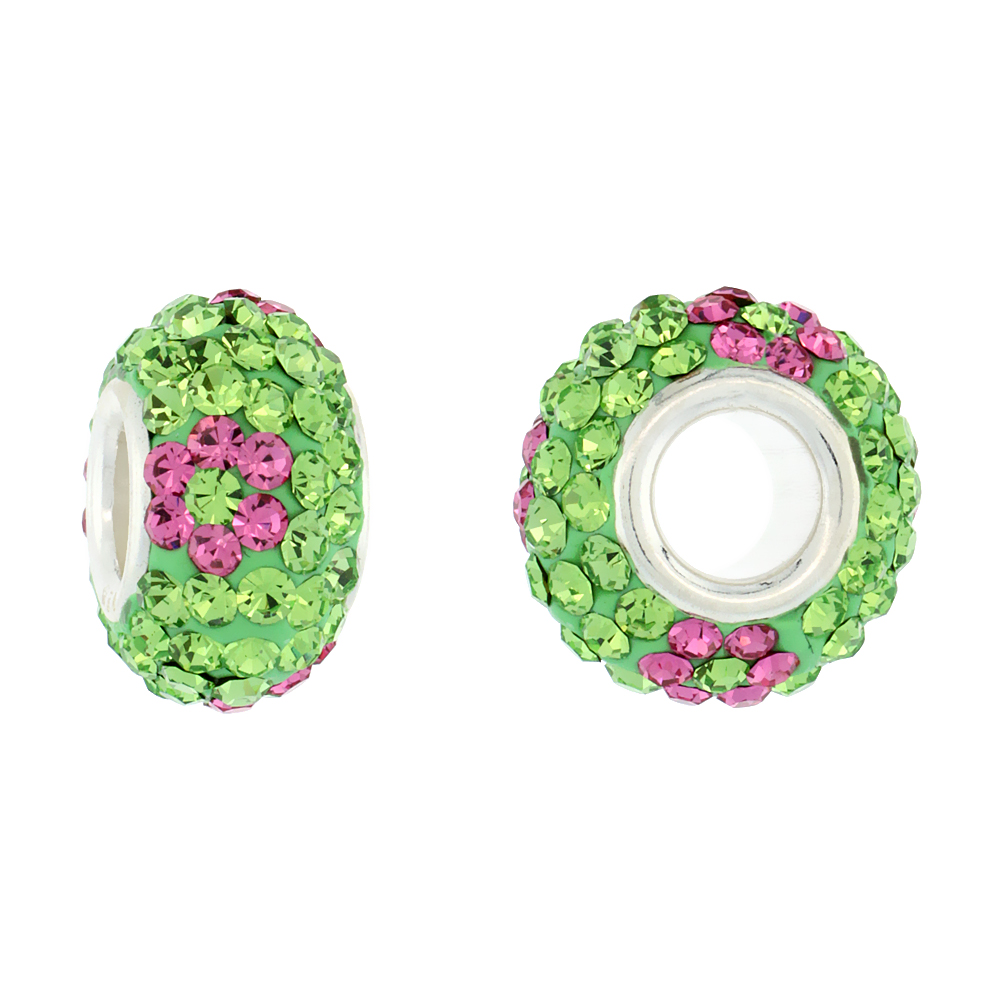 STERLING SILVER CRYSTAL CHARM BEAD PERIDOT & PINK TOPAZ FLOWER COLOR CHARM BRACELET COMPATIBLE, 13 MM