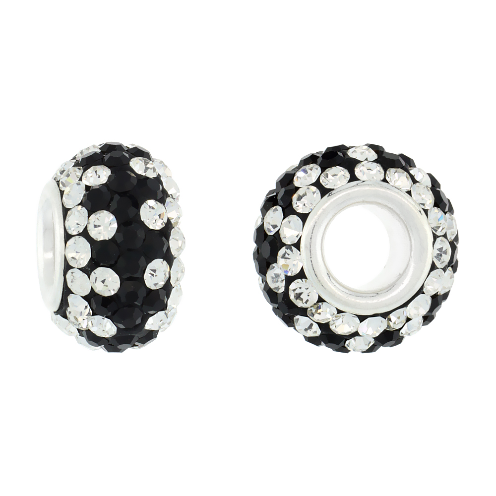 STERLING SILVER CRYSTAL CHARM BEAD WHITE, BLACK COLOR CHARM BRACELET COMPATIBLE, 13 MM