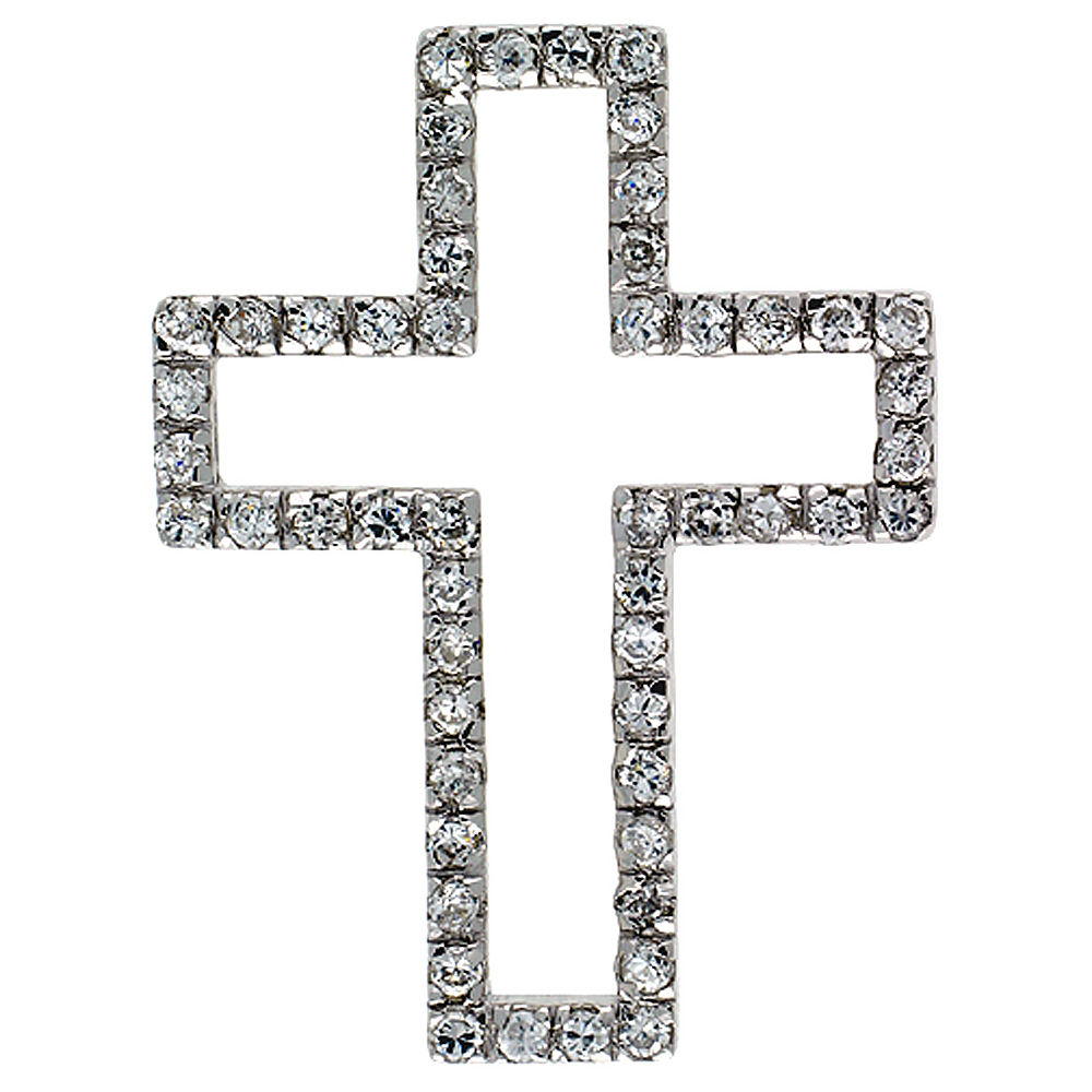 STERLING SILVER CROSS CUT OUT PENDANT, W/ BRILLIANT CUT CZ STONES, 1 1/2" (38 MM) TALL, W/ 18" THIN SNAKE CHAIN