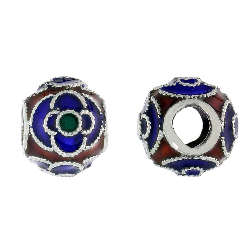 STERLING SILVER ENAMELED FILIGREE CHARM BEAD VINTAGE RUSSIAN STYLE, CHARM BRACELET COMPATIBLE, 7/16 INCH