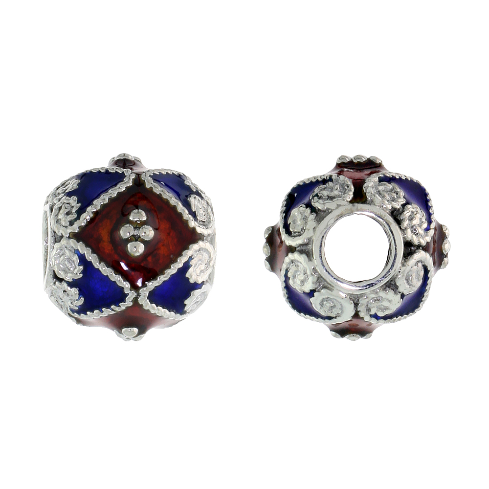 STERLING SILVER ENAMELED FILIGREE CHARM BEAD VINTAGE RUSSIAN STYLE, CHARM BRACELET COMPATIBLE, 7/16 INCH