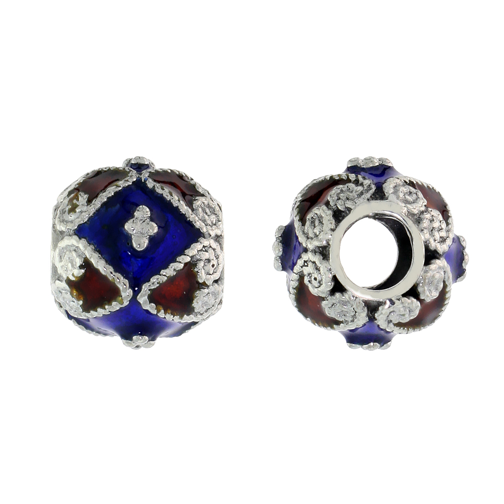 STERLING SILVER ENAMELED FILIGREE CHARM BEAD VINTAGE RUSSIAN STYLE, CHARM BRACELET COMPATIBLE, 7/16 INCH