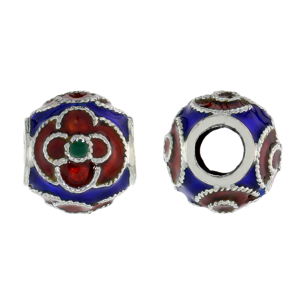 STERLING SILVER ENAMELED FILIGREE CHARM BEAD VINTAGE RUSSIAN STYLE, CHARM BRACELET COMPATIBLE, 7/16 INCH