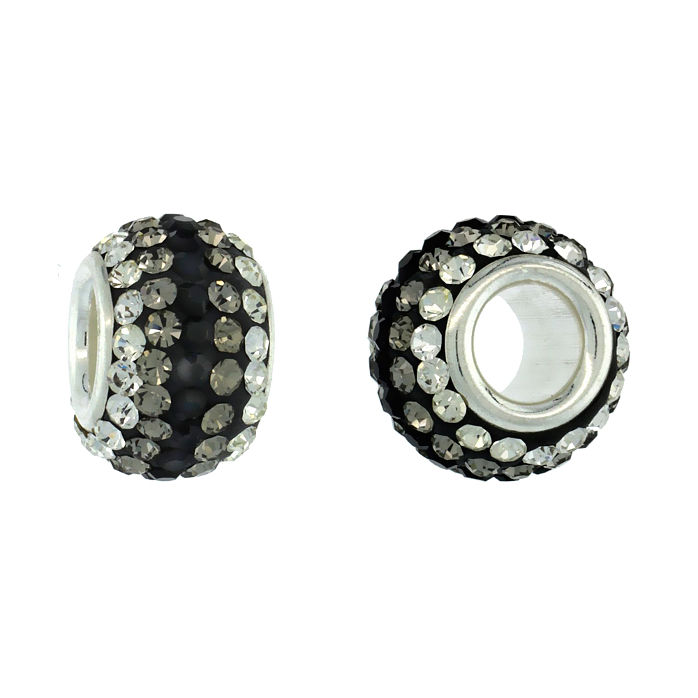 STERLING SILVER CRYSTAL CHARM BEAD WHITE, SMOKY, BLACK, COLOR CHARM BRACELET COMPATIBLE, 11 MM