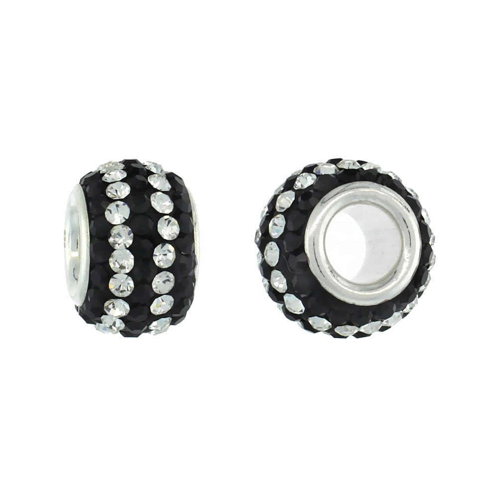 STERLING SILVER CRYSTAL CHARM BEAD BLACK & 2 LINES OF WHITE COLOR CHARM BRACELET COMPATIBLE, 11 MM