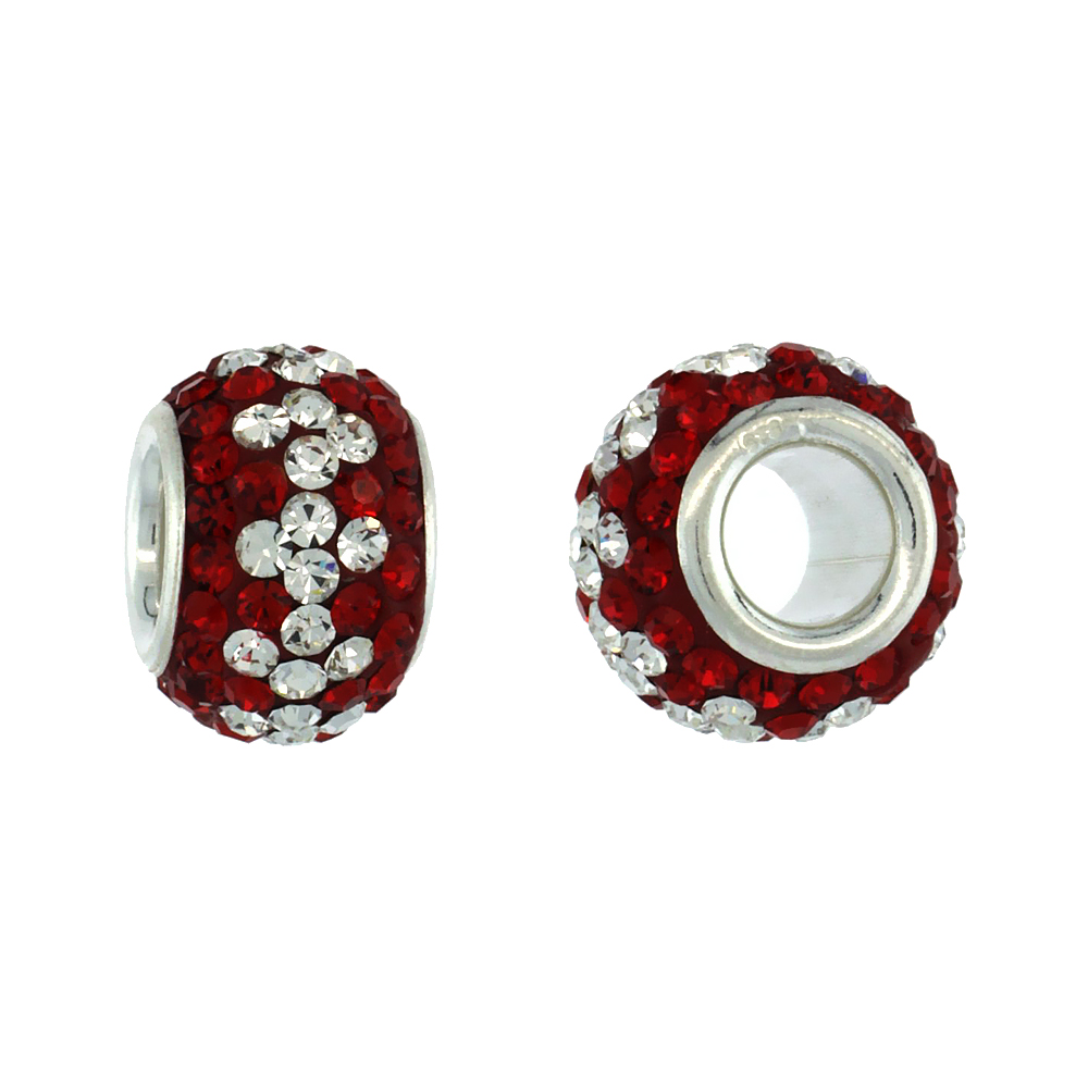 STERLING SILVER CRYSTAL CHARM BEAD RUBY, IN WHITE COLOR CHARM BRACELET COMPATIBLE, 11 MM