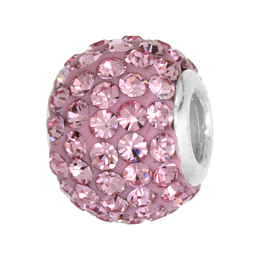 STERLING SILVER PINK CRYSTAL CHARM BEAD ALL CHARM BRACELET COMPATIBLE, 12MM