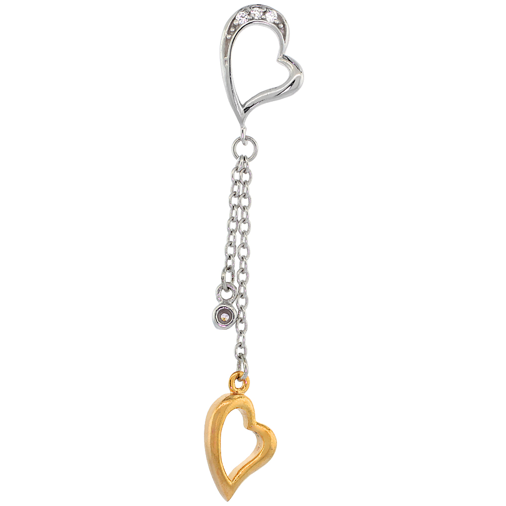 STERLING SILVER HEART DANGLING CZ PENDANT YELLOW GOLD ACCENT, 2 1/8 INCH LONG
