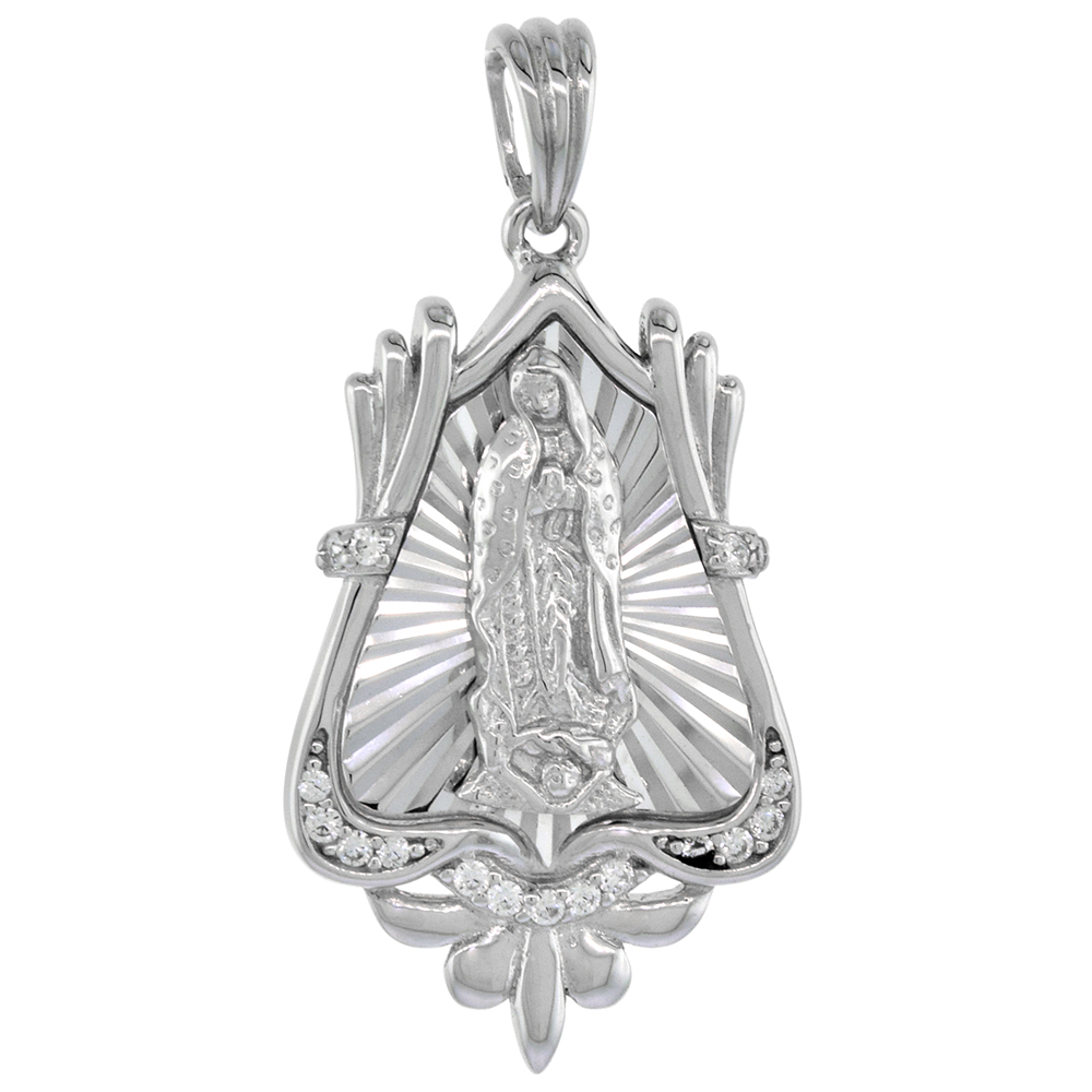 STERLING SILVER SAINT GUADALUPE PENDANT CUBIC ZIRCONIA DIAMOND CUT RHODIUM FINISH 15/16 INCH TALL